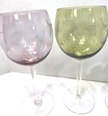 Set of 4 Jewel Tone Etched Wine Glasses Grapes & Vine Pattern Blue Green Purple