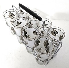 Vintage Set of 8 Libbey Gold Leaf Frosted Tumbler Glasses in Metal Caddy MCM