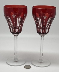 2 Vintage Red Cut to Clear Crystal Wine Water Glasses Goblets 7 5/8″T Heavy