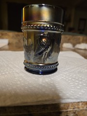 Dugan Beaded Stork Carnival Glass Tumbler Cobalt Blue Silver Gold Iridescent 4″.