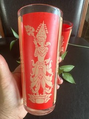 MCM Culver Thai Goddess Highball Glasses 22K Gold Red Mandalay Cocktail Set 1960