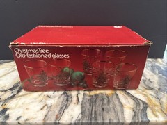 Set of 6 Libby Christmas Tree Lowball Old Fashioned Gold Rimmed Glasses