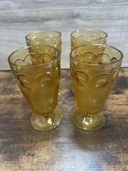 Set of 4 Vintage Amber Footed Juice Glasses Scalloped Oval Pattern 6”