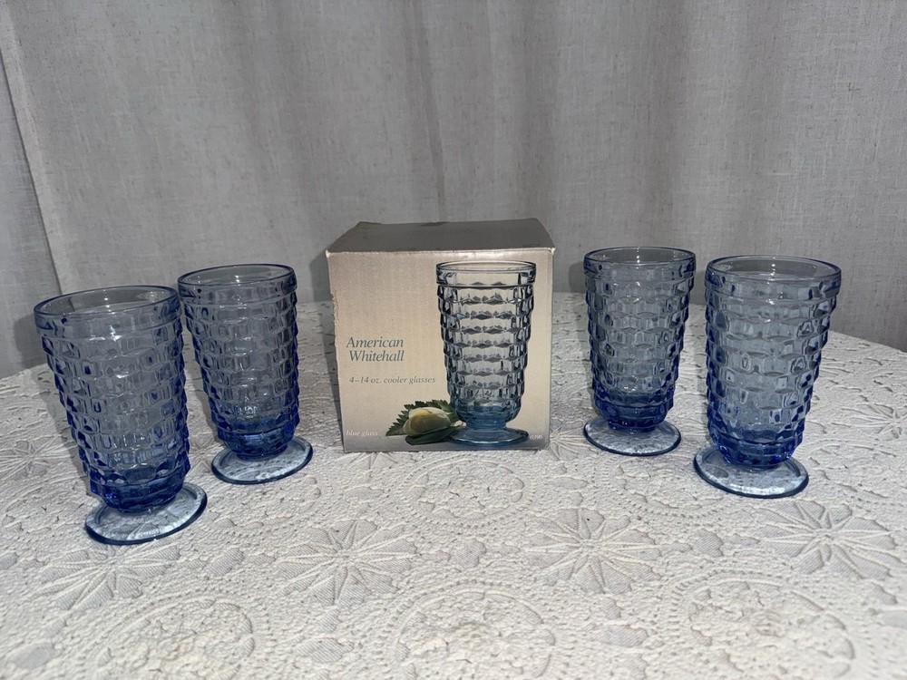 NEW Whitehall Cubist Ice Blue Footed 14 oz Cooler Indiana Glasses Set 4 Vintage
