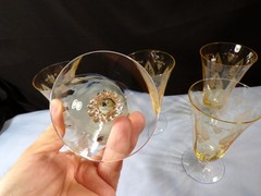 Set of 5 Fostoria Topaz Yellow Glass Trojan Ice Iced Tea Goblets Footed Tumblers