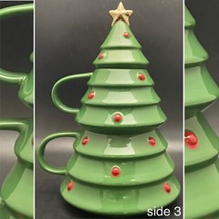 Hallmark Stoneware Christmas Tree 2 Stacking Mugs with Lid 2022 China 10″ tall