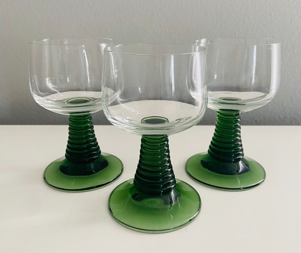 Vintage German Roemer MCM Green Beehive Stem Cordial Glasses, Set of 3