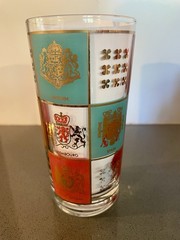 MCM Fred Press Highball Glasses Coat of Arms, Turquoise, Pink and Gold, Set of 2