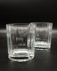 Two (2) Bormioli Green Rim/Clear Body 14-Panel Lowball Whiskey Glasses. Unique.