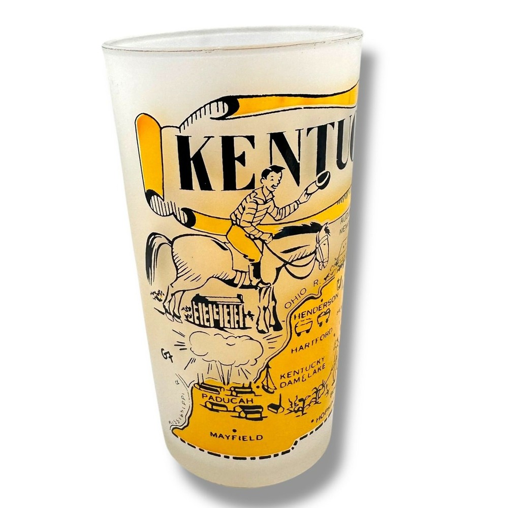 Vintage Kentucky State Souvenir Glass Frosted Tumbler Hazel Atlas MCM Cowboy