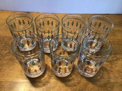 7 vtg retro mid century 3.5” juice glasses green black gold leaf motif