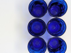 Set of 6 Vintage Cobalt Blue Glass Tumbler Bow and Flower Design Made in Italy