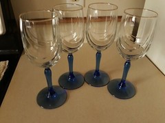 lot of 4 Crystal Blue by Libbey Gold Trim Water Goblets / Wine Glasses FREE SHIP