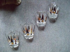 Atomic Era Midcentury Modern Black / Gold Pattern Small Glass Juice Tumblers (4)