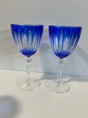 Pair Cristal Durand Cobalt Blue Cut to Clear 6.5″ Crystal Goblets