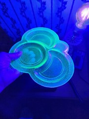“By Cracky” Set Of 3 Crackle Uranium Glass Snack plates LE Smith 1930s