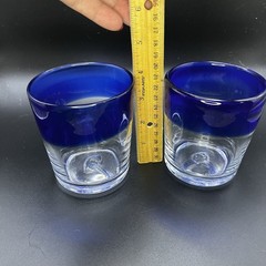 2 Mexican Hand Blown Cobalt Blue Rim Glass Tumbler Rough Pontil Bubble Low Ball