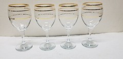 4 PASABAHCE GOLD RINGS BANDS WHITE EMBOSSED FILIGREE GLASS WINE GOBLETS 7 1/8″