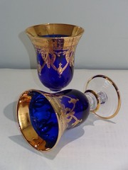 2 Cristallerie Italiane Cobalt Blue & Gold Medici Wine Glass Goblets (C)