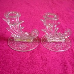 Fostoria (Navarre Clear Baroque) PAIR OF 4″ SINGLE CANDLESTICK HOLDERS 1 chip