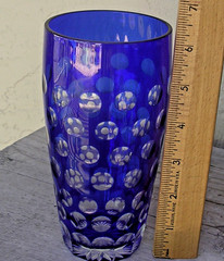 VTG COBALT BLUE Cut to Clear Bohemian Czech 6.5″ Tumbler drink Glass bubble dot