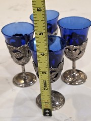 Vintage Silver- Plate Cobalt Blue Cordial Glasses Set Of 4