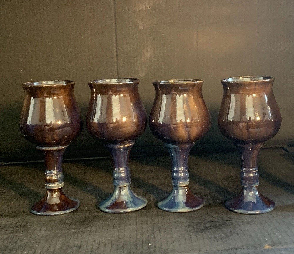 4 – Ceramic Chalice Studio Art Pottery Wine Goblets Drip Glaze. See Description
