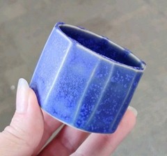 Handcrafted Pottery Tea Cup Blue Faceted Whiskey Sipper Small Planter Signed