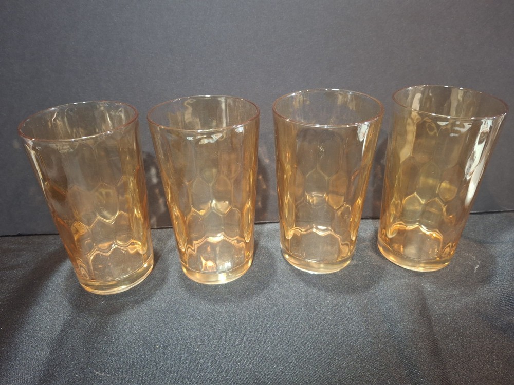 Vtg Jeannette Glass Hex Optic Iridescent Marigold Tumblers Carnival Glass SetOf4