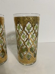 Culver Valencia Highball Glasses Green 22k Gold Overlay Signed Vintage set of 3