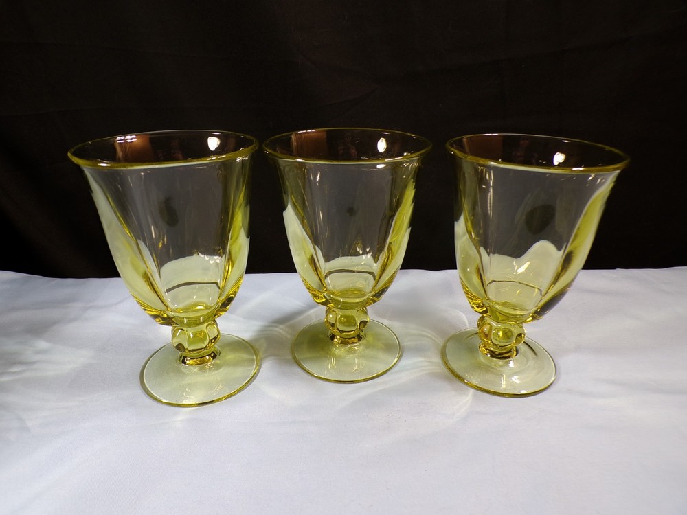 Set of 3 Duncan Miller Yellowish Glass Canterbury Low Water Goblets 5 3/8″ Tall