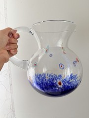 Murano Millefiori Bubble Art Glass Water Pitcher Blue Base Handmade