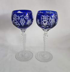 Vintage Pair Cobalt Blue Cut to Clear Crystal Wine Goblets Faceted Stem 8.25”