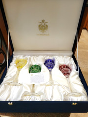 FABERGE XENIA MULTICOLOR CUT TO CLEAR WINE GLASSES GOBLETS SET OF 4