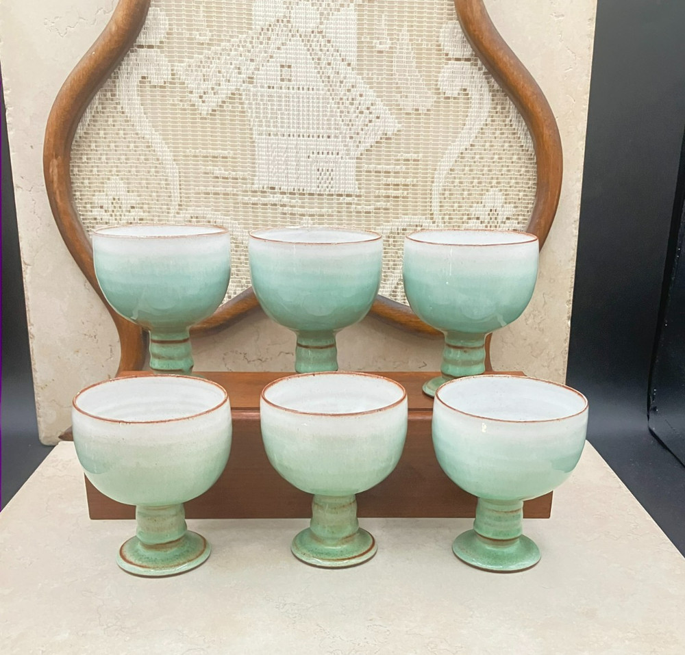 Vintage Set Of 6 Woburn Pottery Small Goblets Wheel Thrown England 1970’s Teal