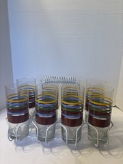 AT HOME EIGHT STRIPED TUMBLERS IN HOLDER 6 3/4″ TALL