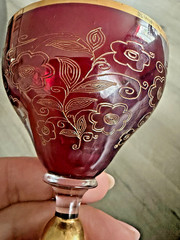 Vintage Ruby Red Etched Art Glass Cordial Goblet Gold Gilt Floral Wine Glass