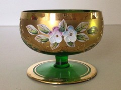 BOHEMIAN GLASS~Four Antique 2 3/8” Stemmed Glasses~Hand Painted~Mid-19th. Cent.