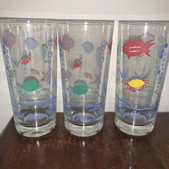 Vintage Hand painted 3D Fish / Ocean Themed Highball Glasses / Tumblers Set Of 3