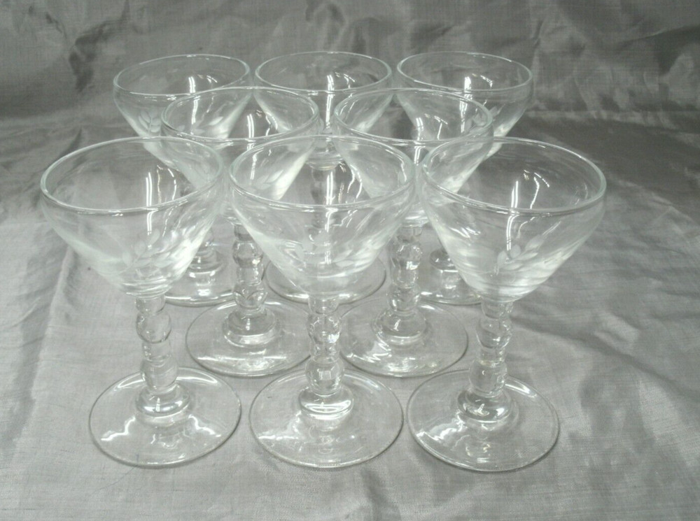 Vtg Libbey 3009-1 Gray Cut Leaves Set of 8~4-7/8″ Liquor Cocktail Ball Stem HTF