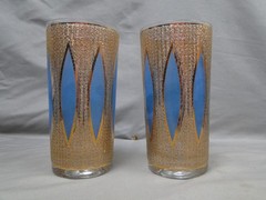 Set of 4 MCM Culver Aqua Tiffany Hi-Ball Glasses Blue Diamond Gold Accents