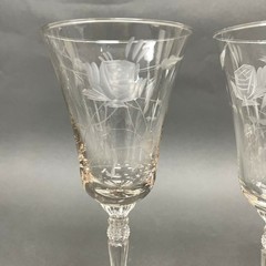 Vintage Wine Glass Glasses Clear Etched Roses Floral 8″ Lot of 3