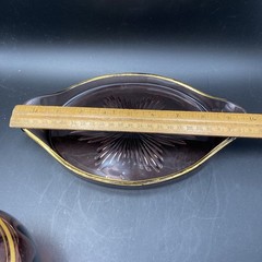 Vtg Mid Century Amethyst Glass Tumble Up Bedside Water Carafe Set Gold Band Tray