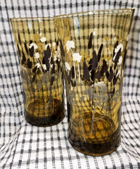Vintage Federal Interlude Amber Cattails Reeds Wheat Glasses Highball Set of 2