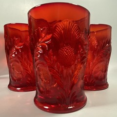 Vintage Mosser Glass Ruby Red Inverted Thistle 5-Piece Set Pitcher & 4 Tumblers
