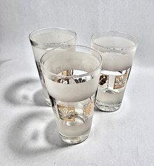 3 Mid Century Libbey Tapered Frosted Highball Glasses, Gold Leaf and Frosted