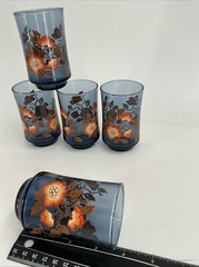 Set 5 Vintage Small Blue Juice Glasses Libbey Bolero Franco Orange Poppy MCM