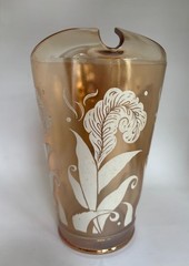 Vintage Marigold Carnival Glass With Painted White Feathers & Leaves w/ice Lip