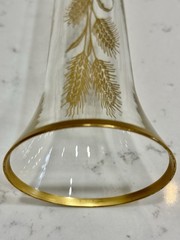 MCM Vintage Fluted 10” Footed Bud Vase Clear Glass Gold Wheat Design Gold Trim
