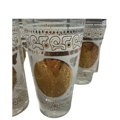 Set of 7 Hazel Atlas Aztec Calendar 22k Gold Highball Glasses Mid-Century Bar